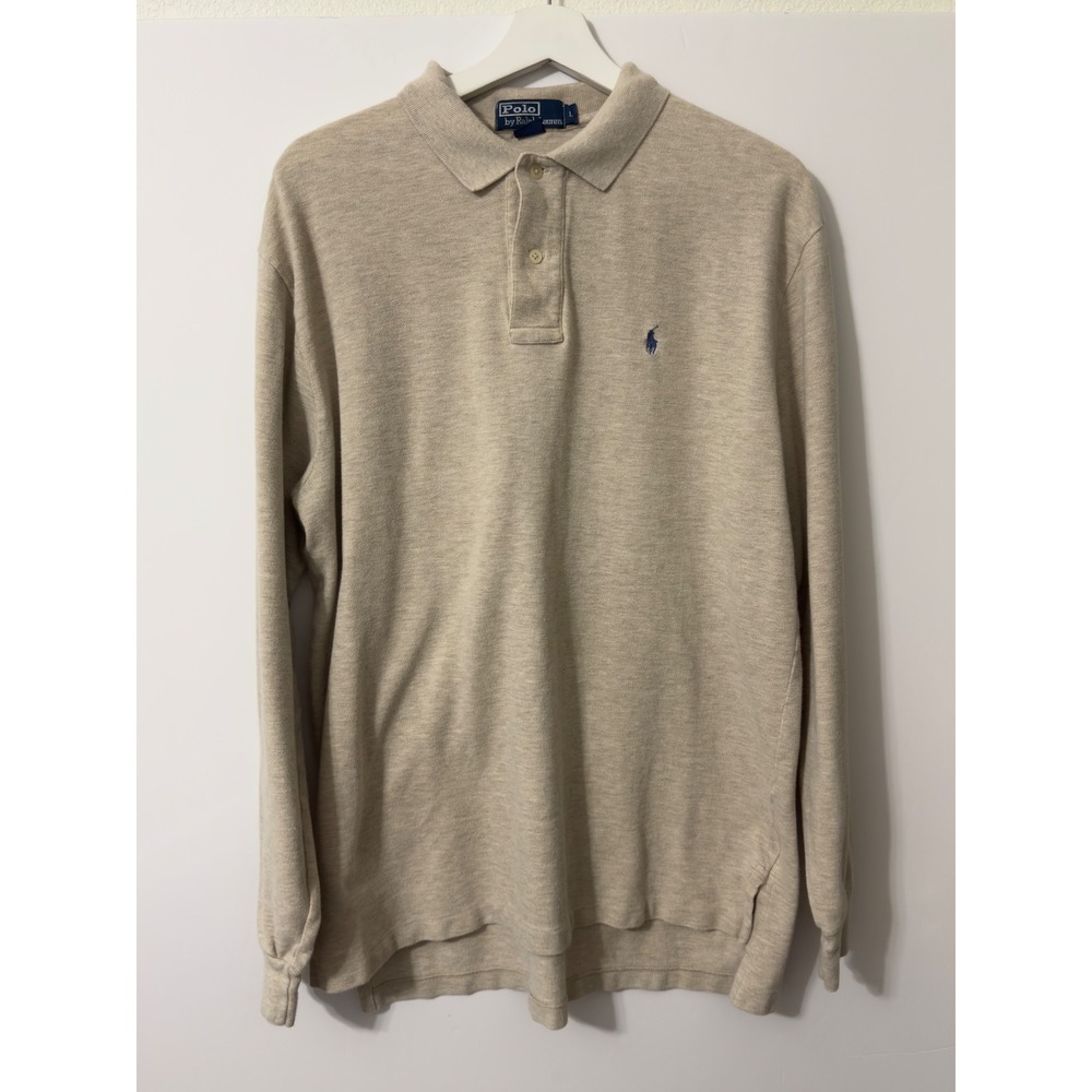 Polo Ralph Lauren Long Sleeve Polo Mens L Beige Cotton Pique Pony